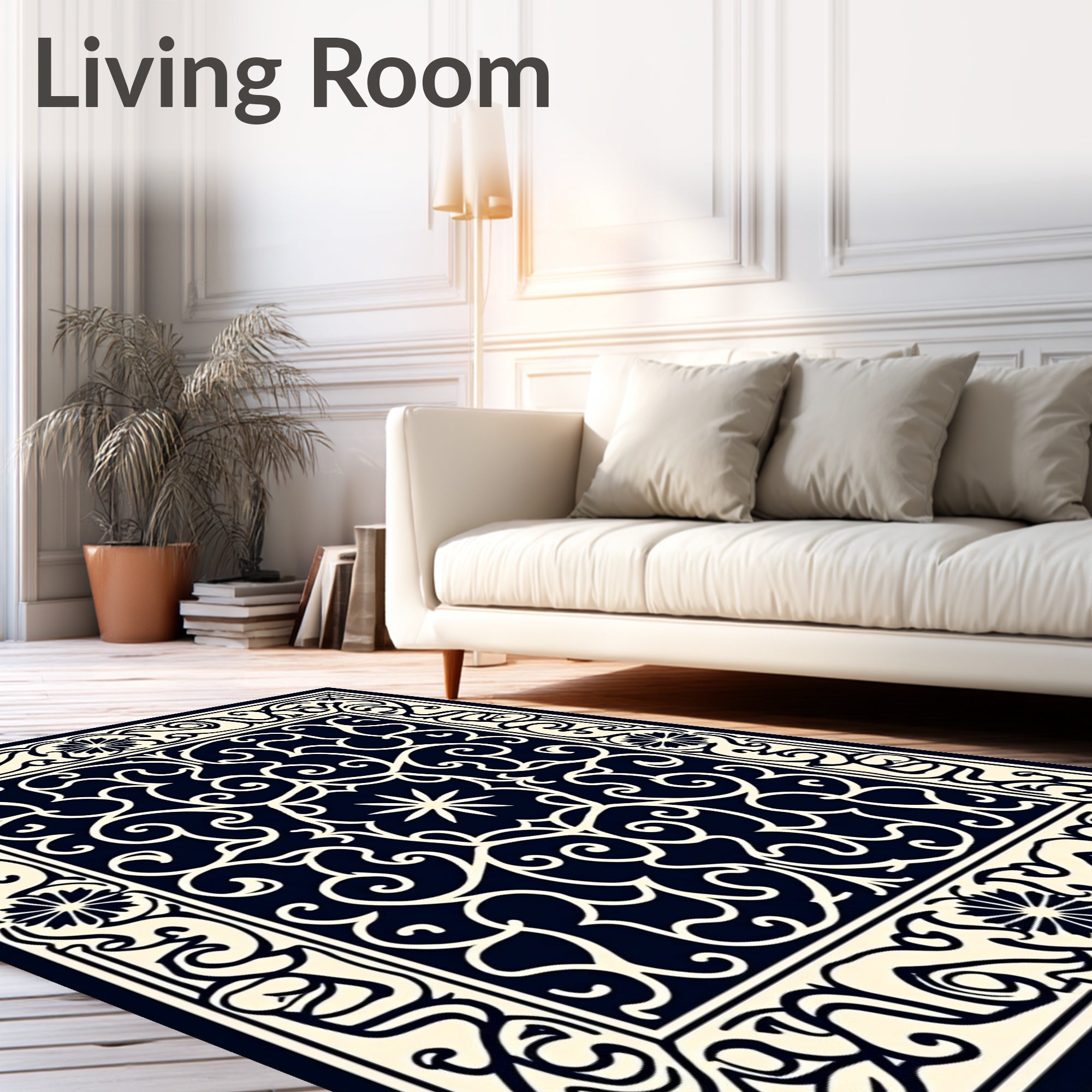 Dark Navy Cream Floral Scroll Border Rug