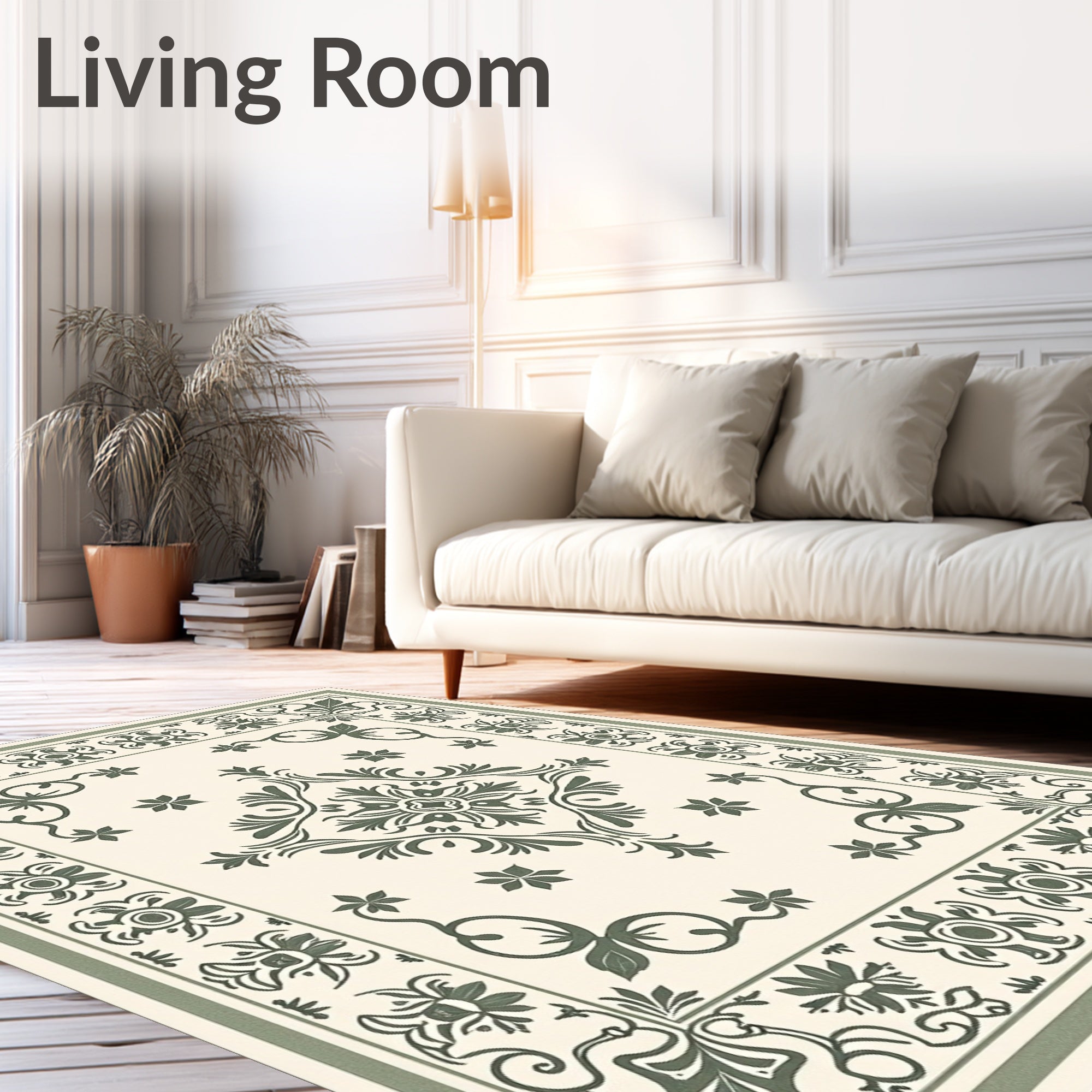 Cream Green Floral Vine Medallion Rug
