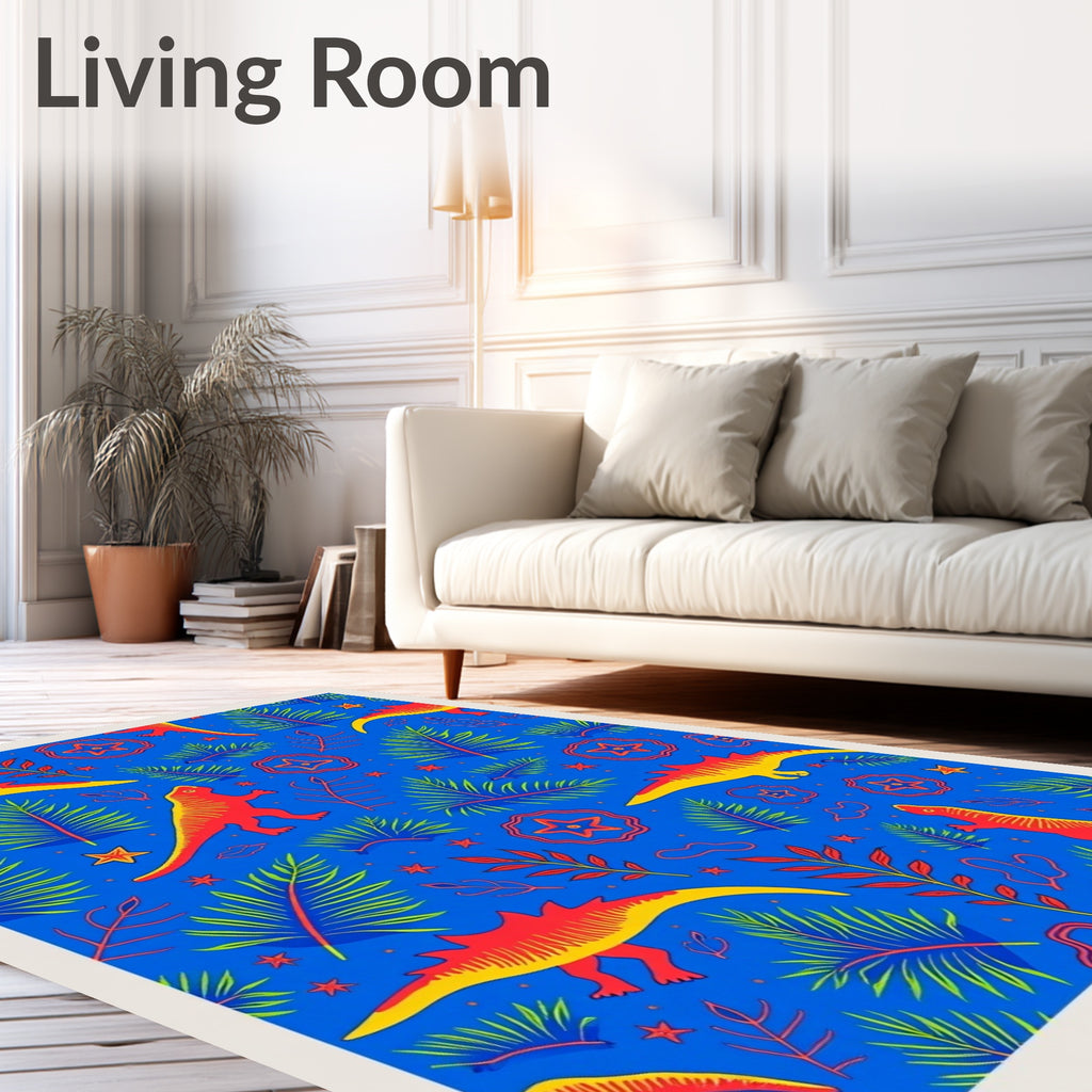 Vibrant Red Dinosaur Jungle Scene Rug