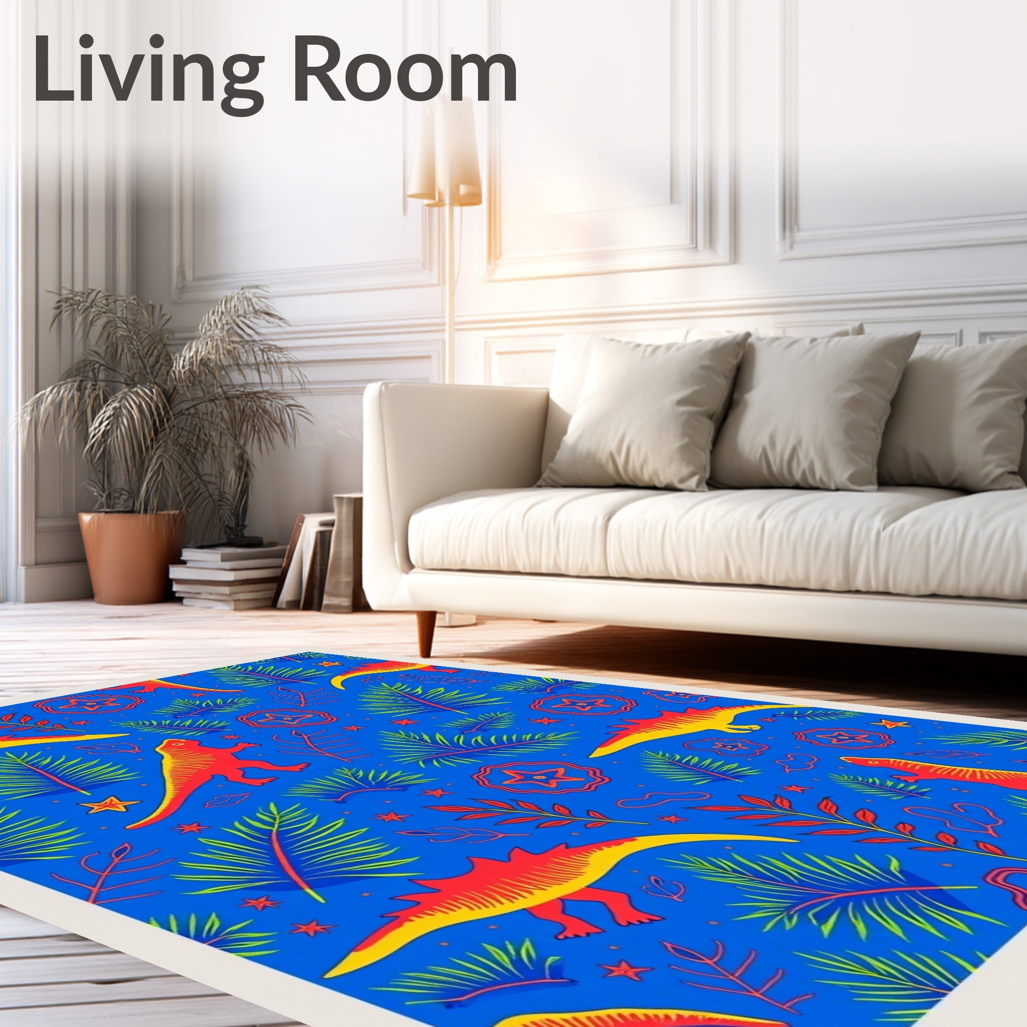 Vibrant Red Dinosaur Jungle Scene Rug