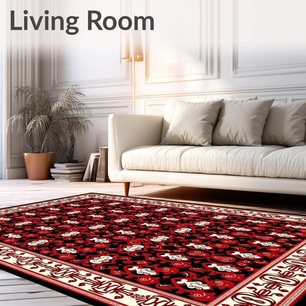 Bold Red and Black Floral Border Rug