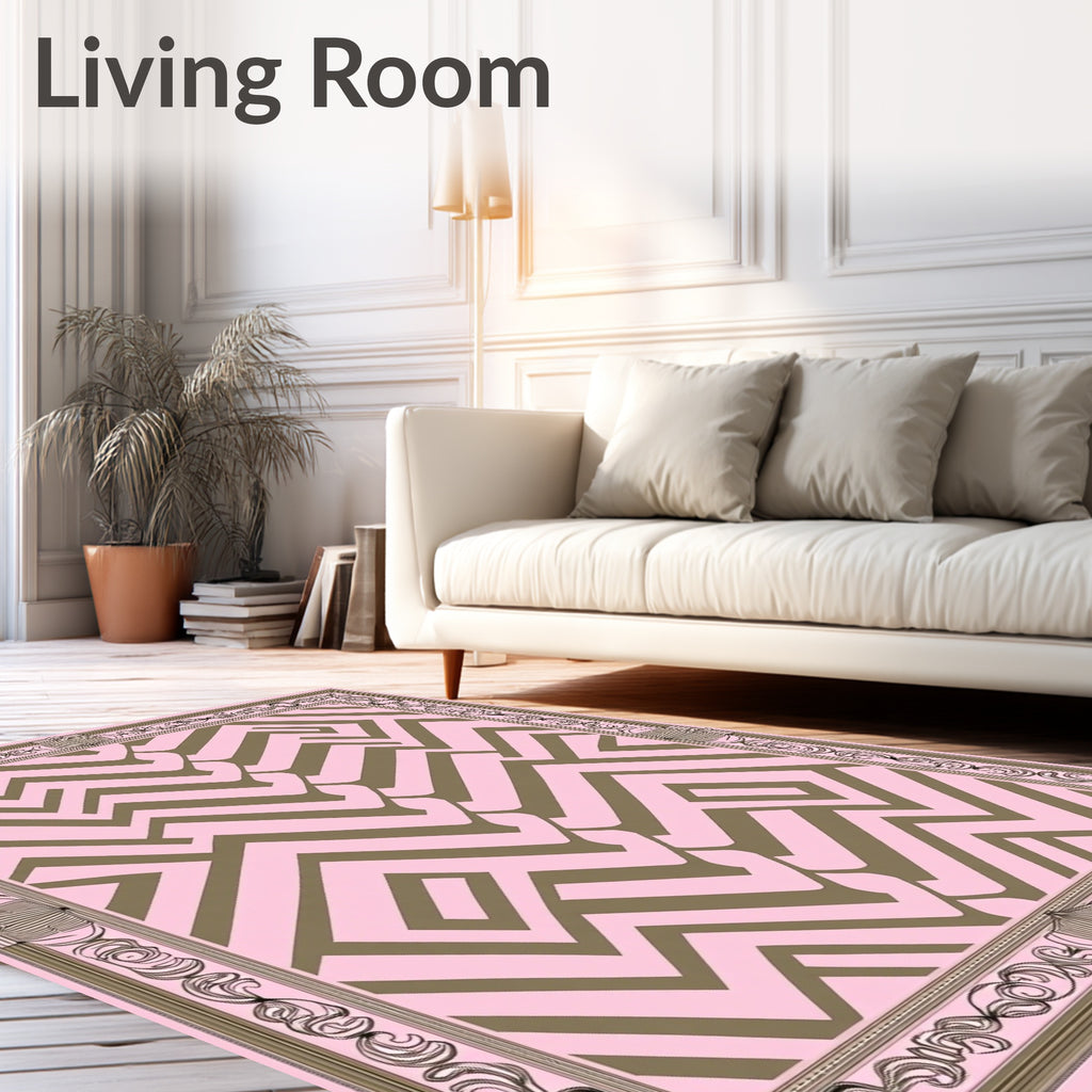 Pink Olive Geometric Maze Frame Rug