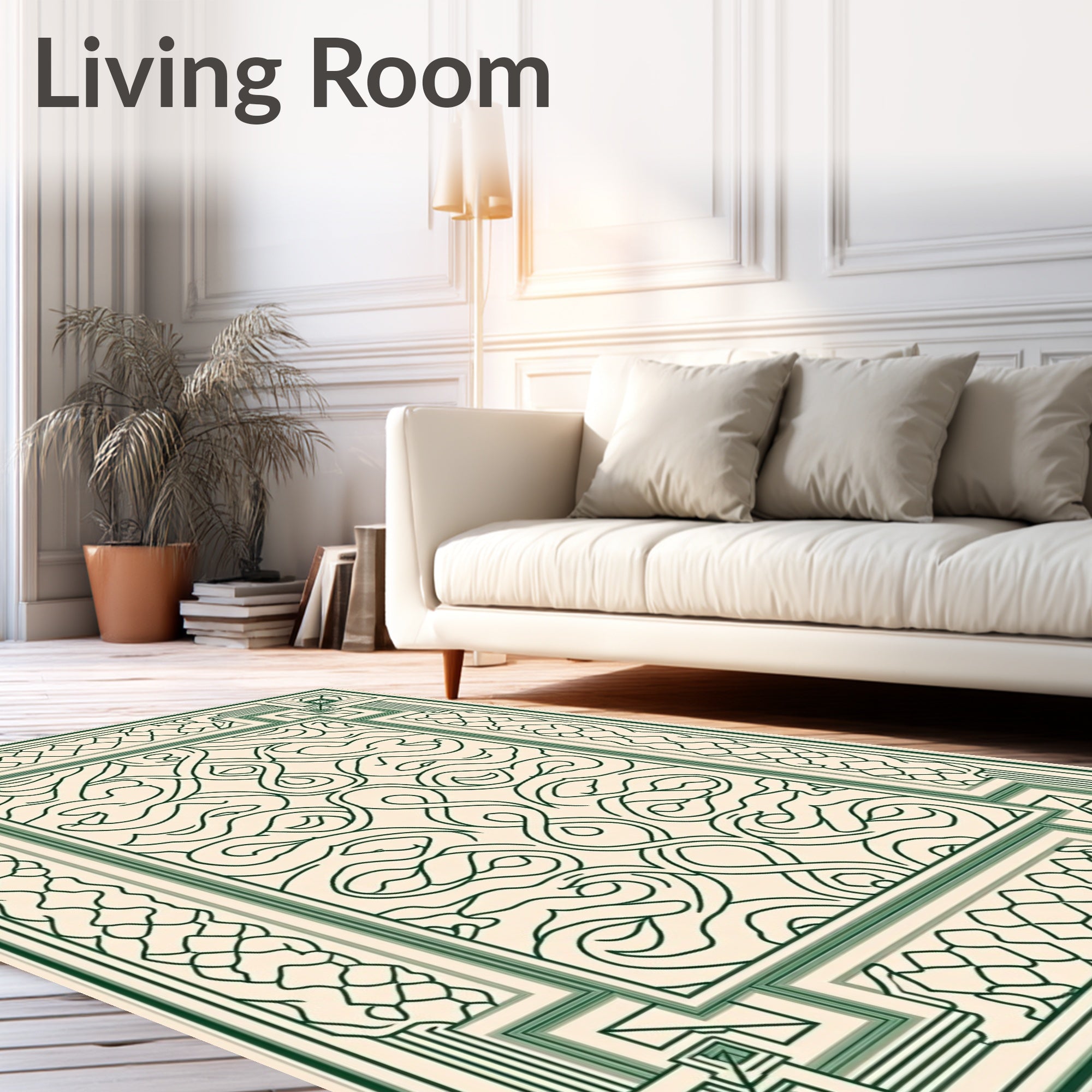 Cream Green Interlocking Curve Border Rug