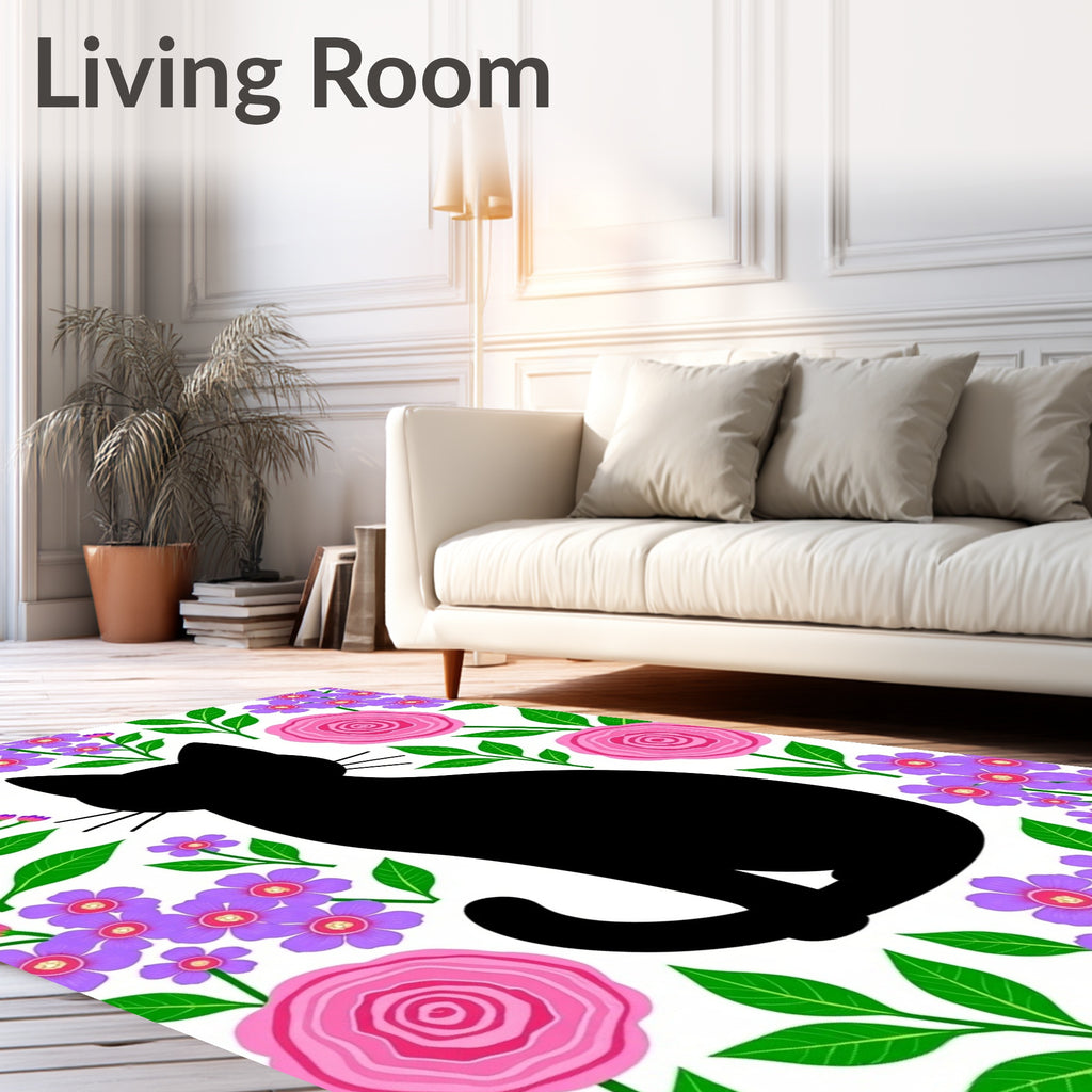 Black Cat Pink Floral Garden Rug