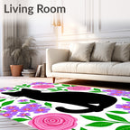 Black Cat Pink Floral Garden Rug