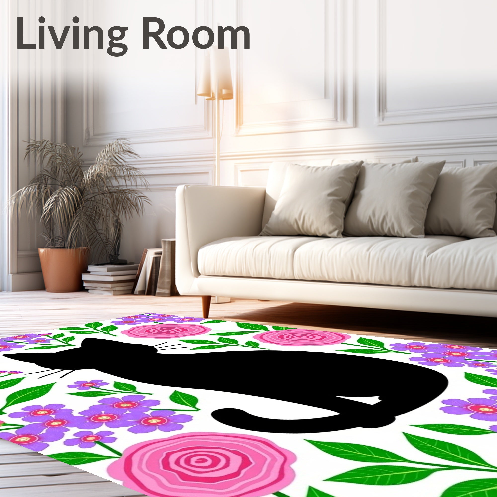 Black Cat Pink Floral Garden Rug