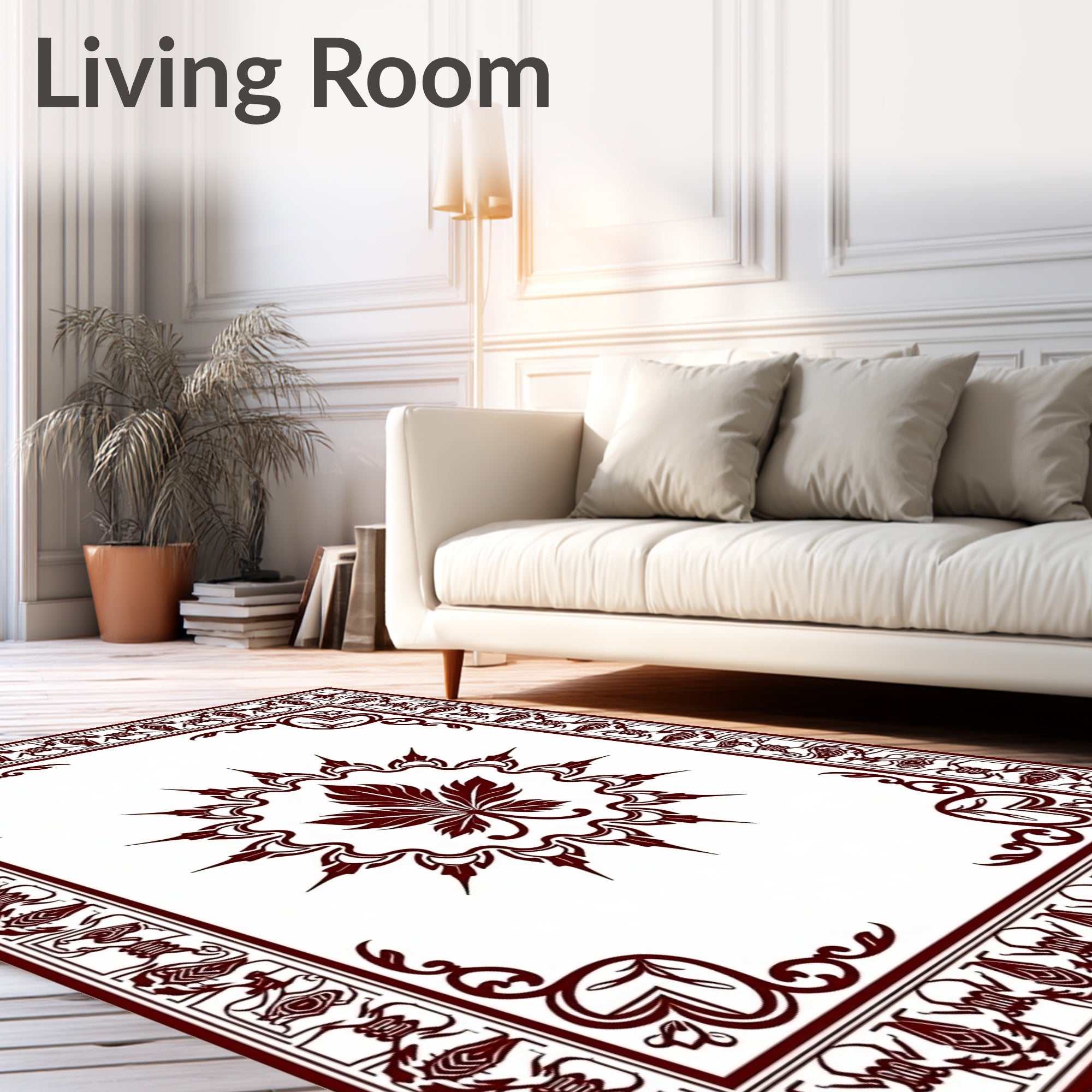 Dark Red Leaf Medallion Border Rug