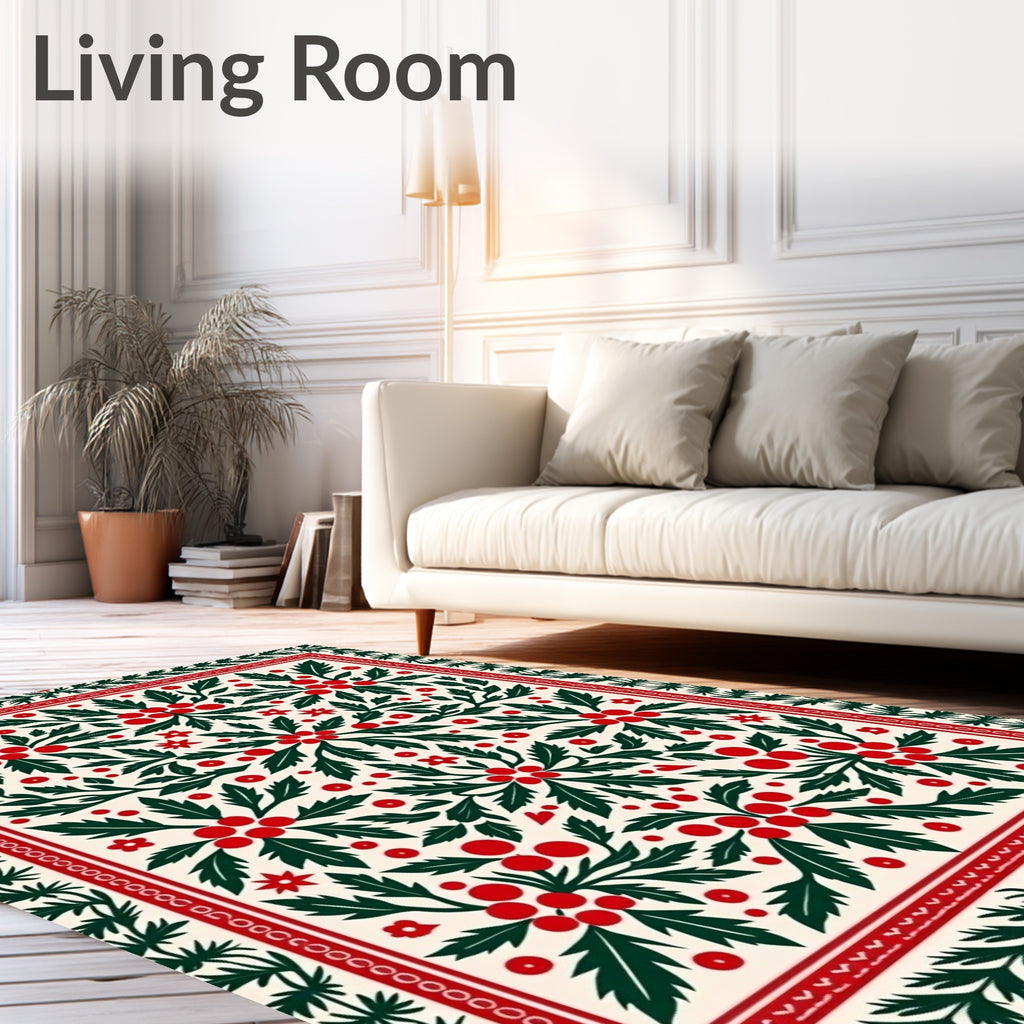 Green Holly Berry Floral Symmetry Rug