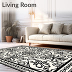 Cream Black Ornate Floral Motif Rug