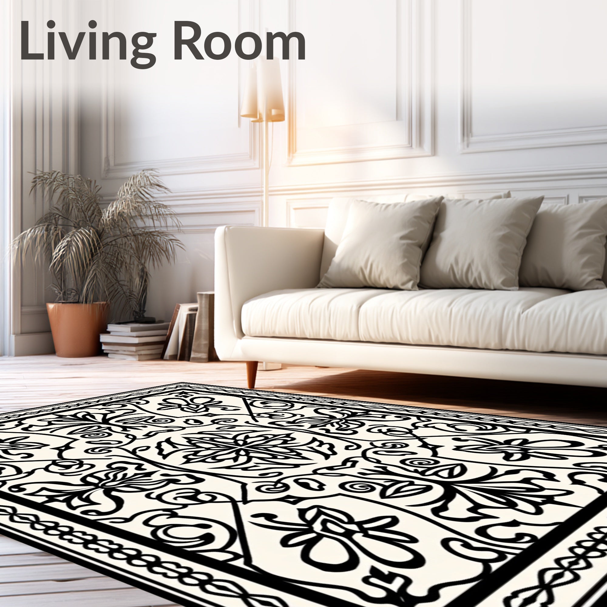 Cream Black Ornate Floral Motif Rug