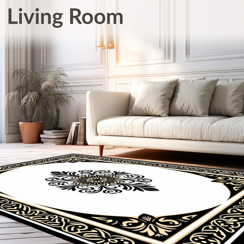 Ornate Black Scrollwork Floral Medallion Rug