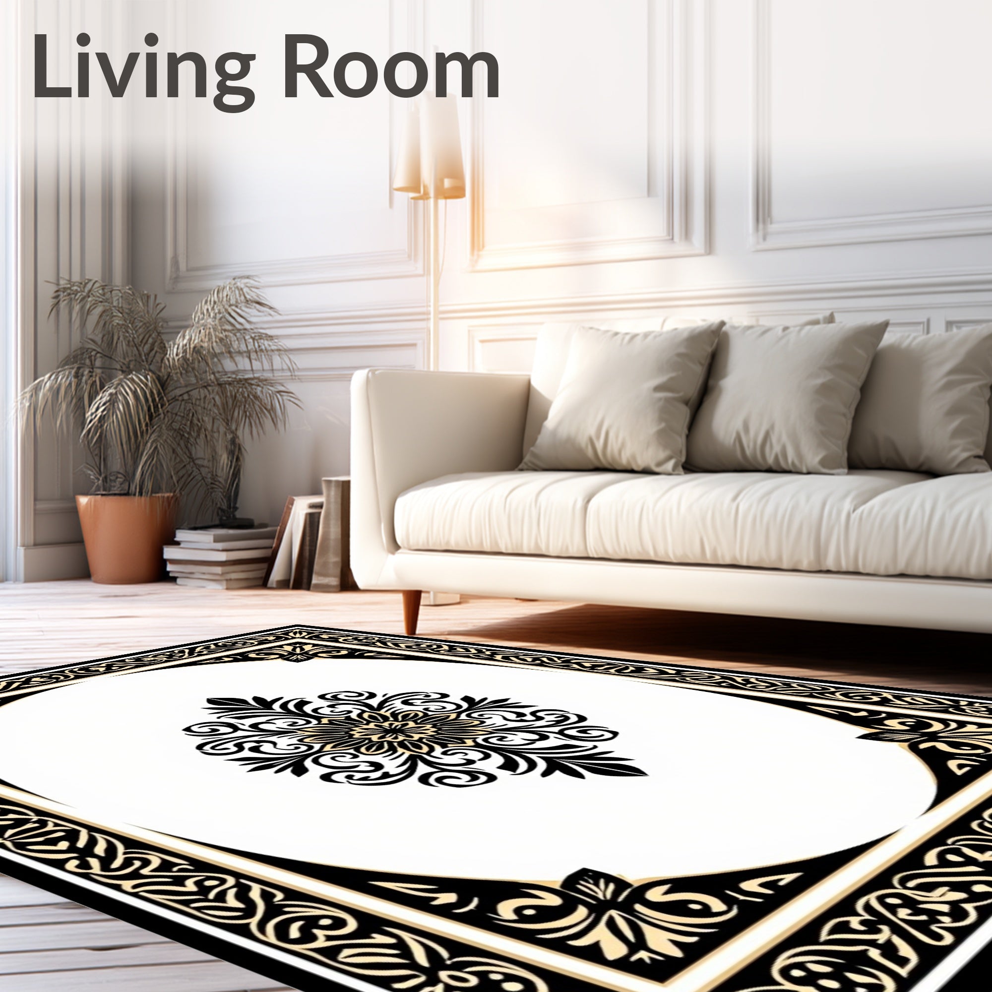 Ornate Black Scrollwork Floral Medallion Rug