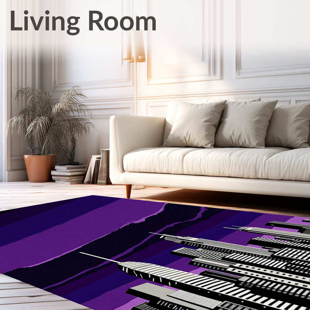 Deep Violet Cityscape Skyline Rug