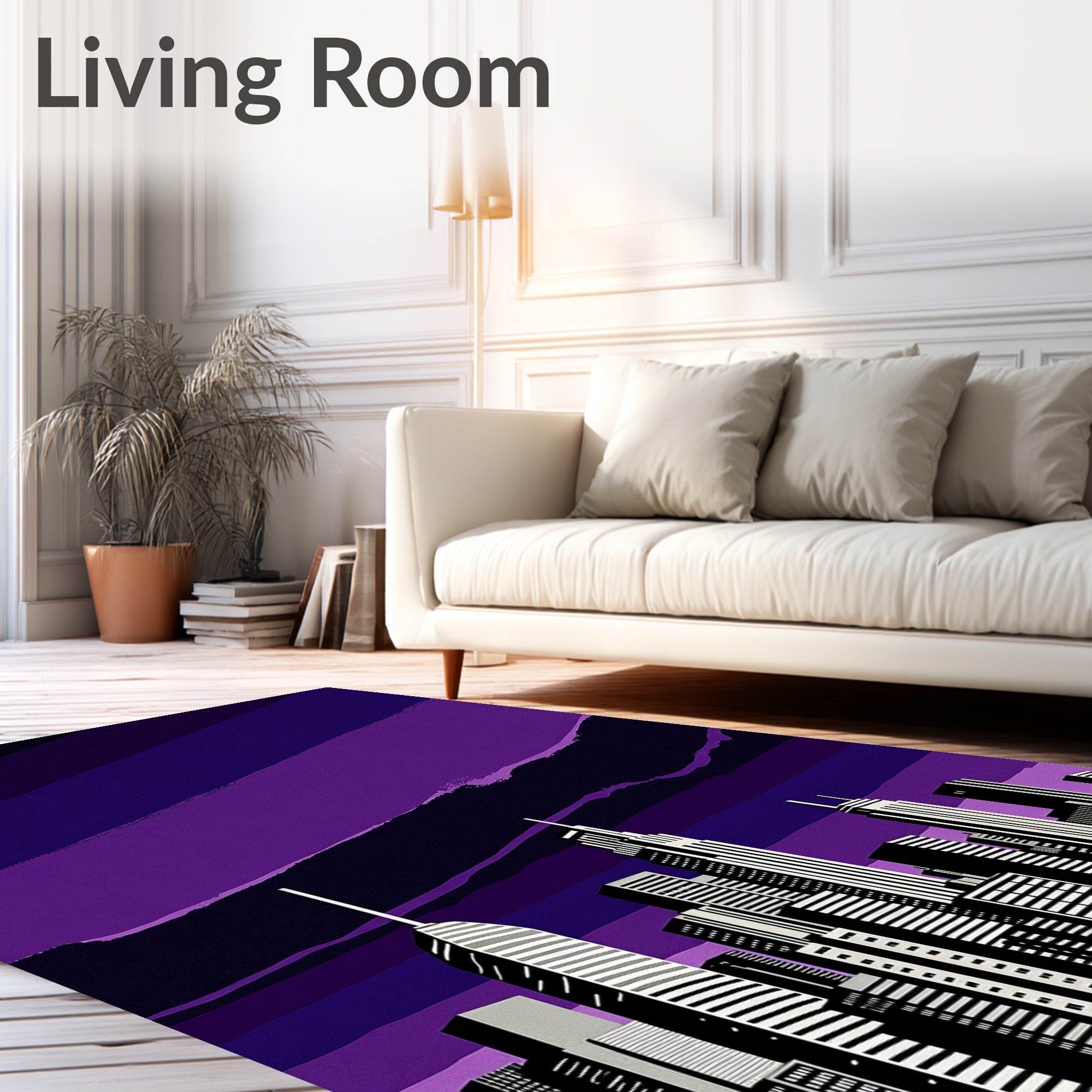 Deep Violet Cityscape Skyline Rug