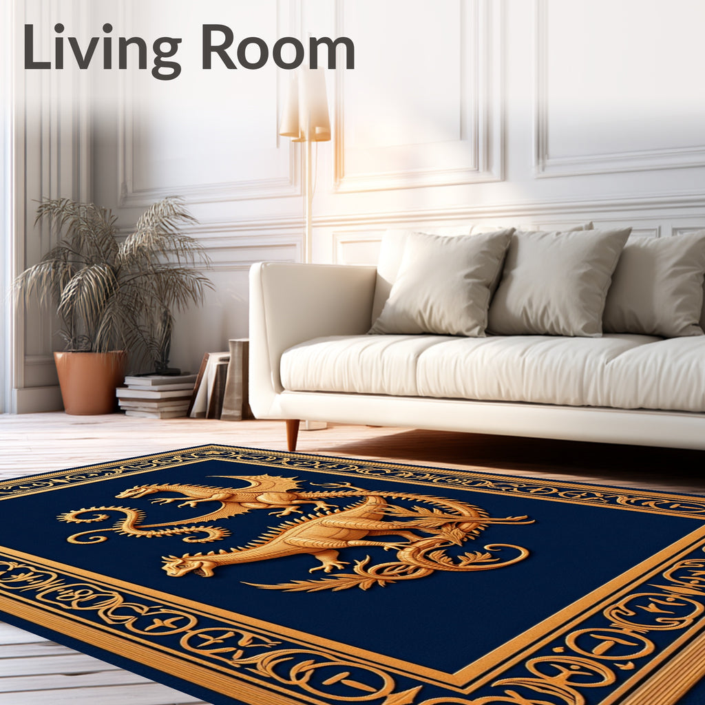 Golden Dragons Ornate Navy Border Rug