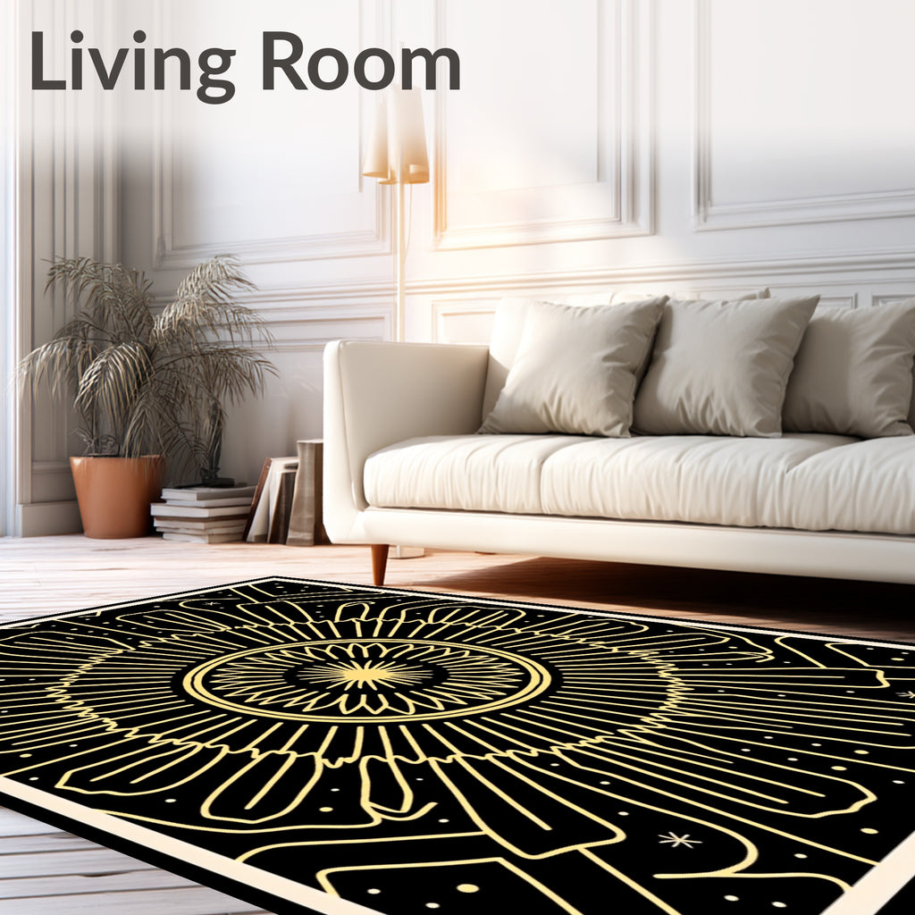 Black Golden Sunburst Mandala Lines Rug