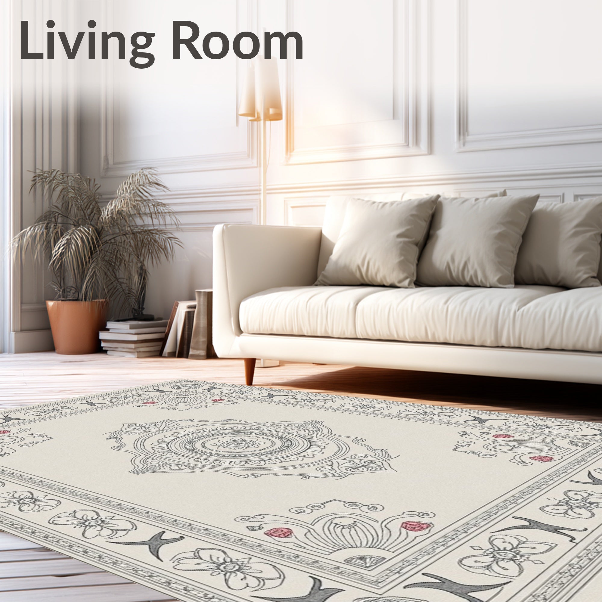 Cream and Gray Floral Medallion Rug