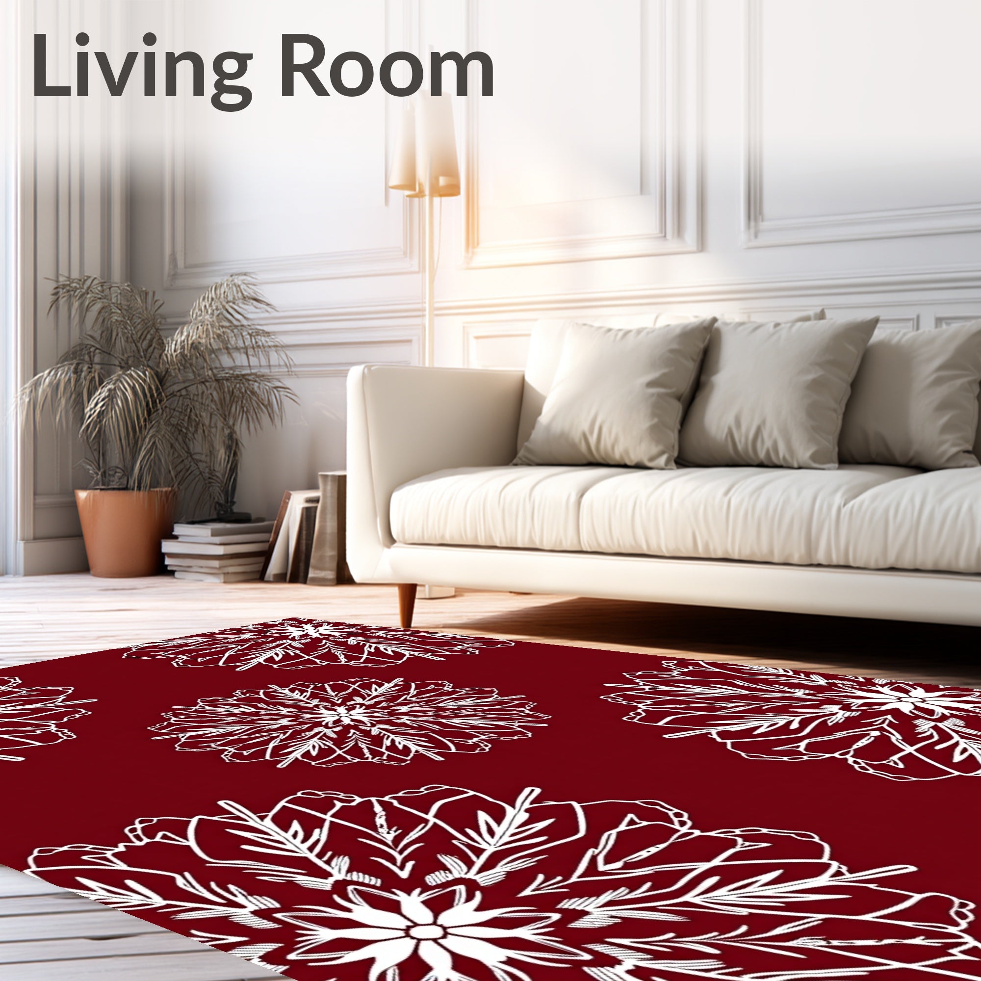 Deep Red White Floral Mandala Rug