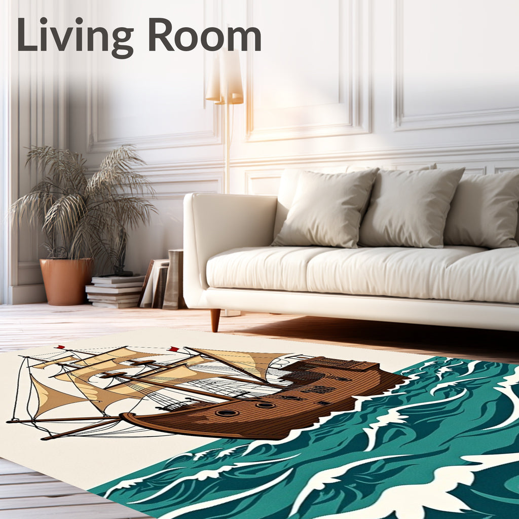Antique Galleon Sailing Turquoise Waves Rug