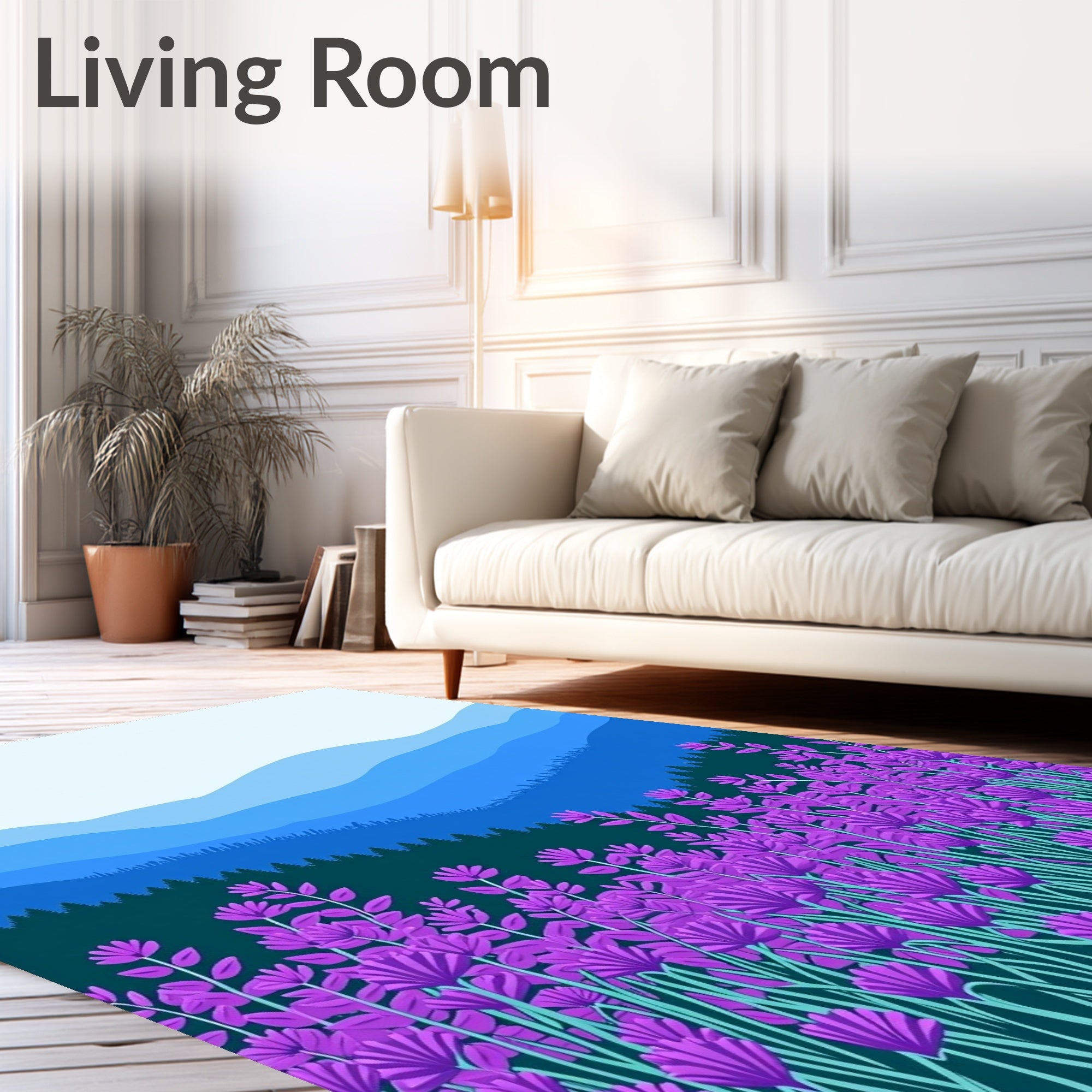 Purple Lavender Field Mountain Scene Rug