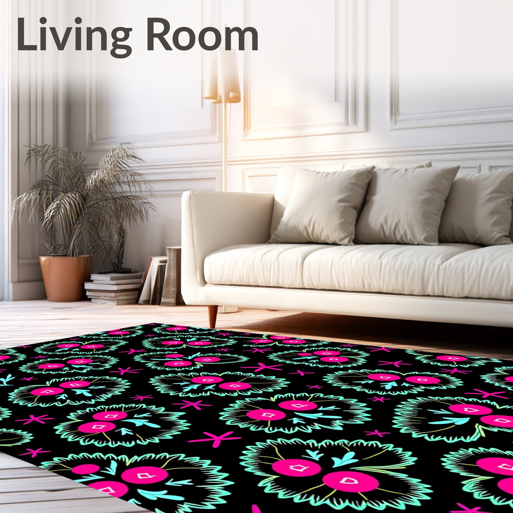 Black Floral Berry Cluster Rug