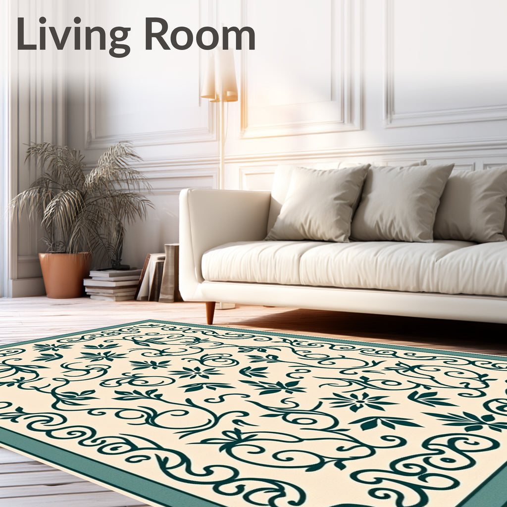 Cream Teal Floral Scroll Border Rug