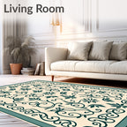 Cream Teal Floral Scroll Border Rug