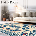 Cream Blue Starburst Diamond Border Rug