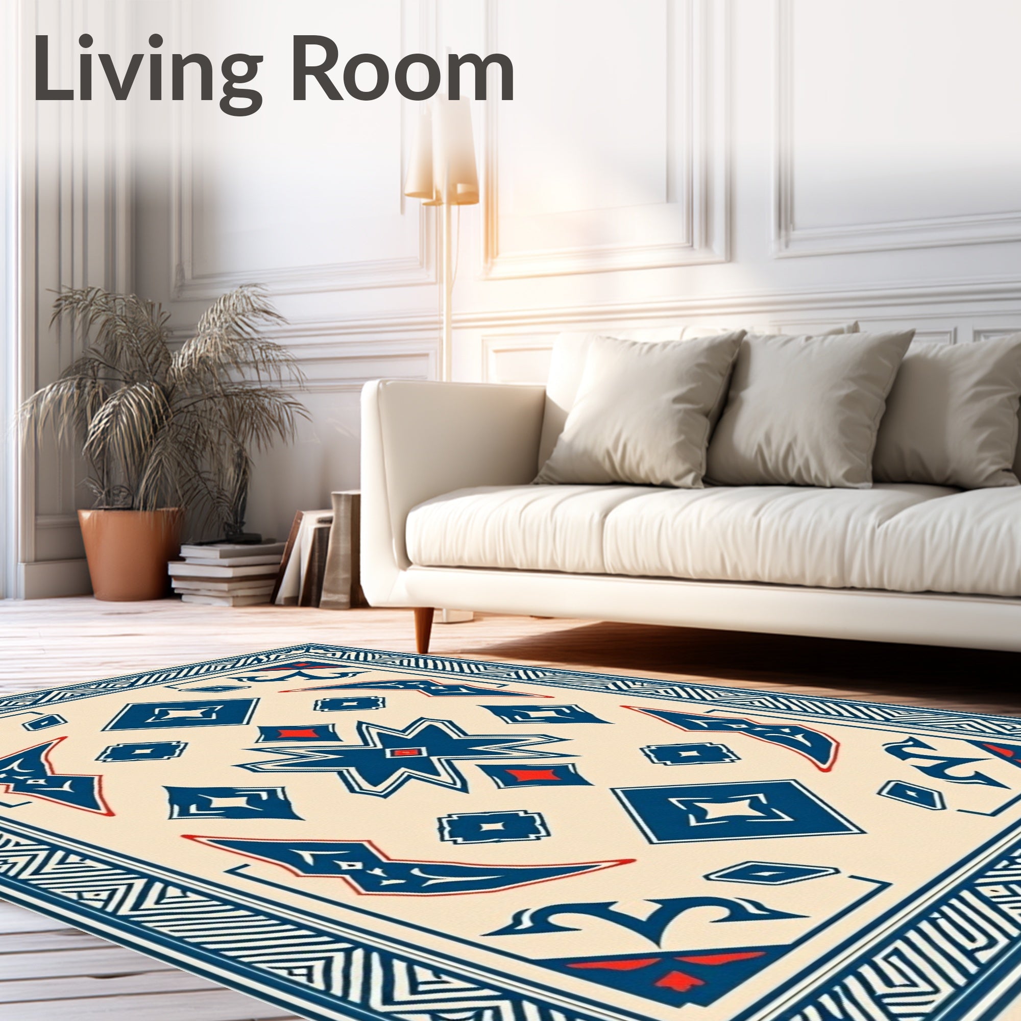 Cream Blue Starburst Diamond Border Rug