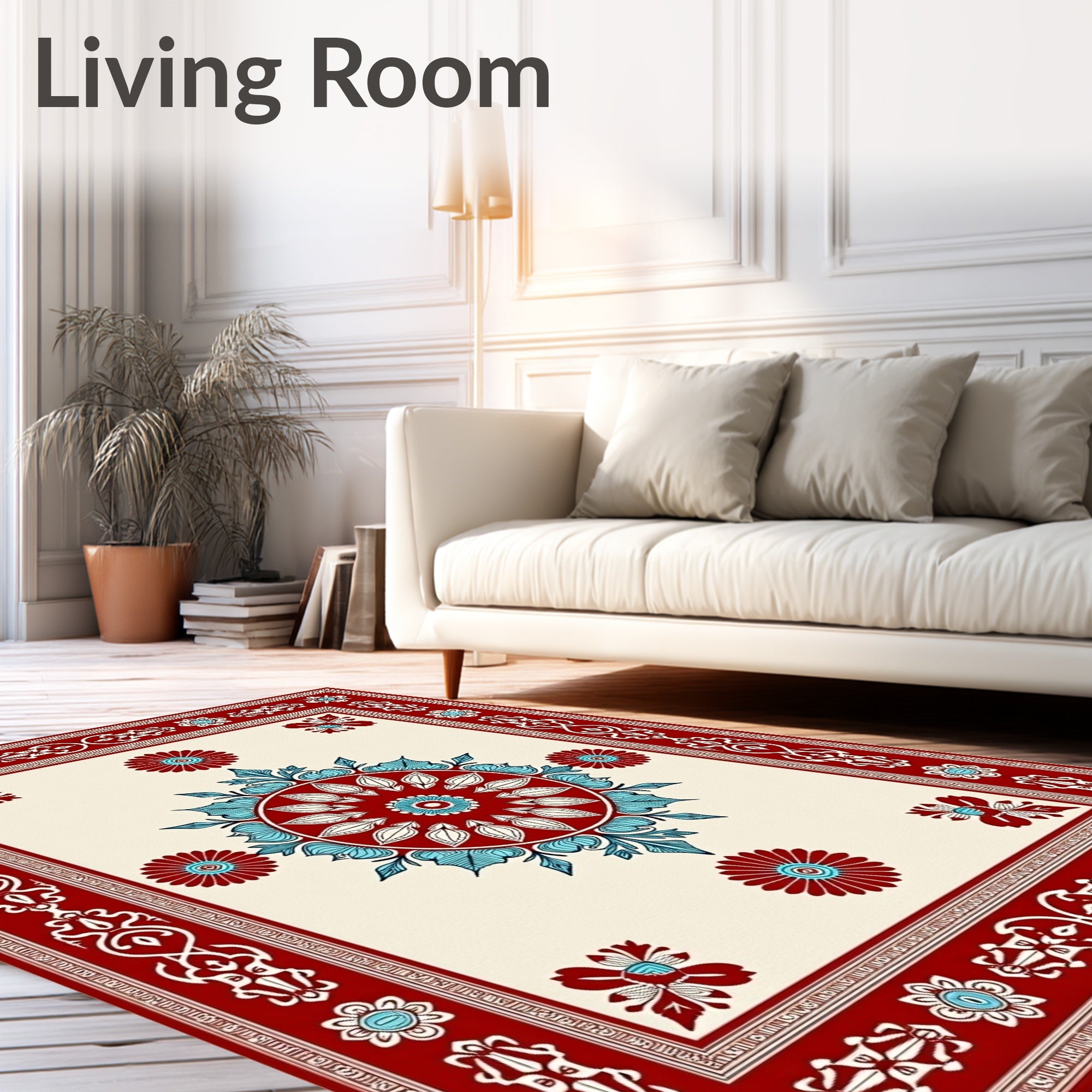 Red Blue Floral Medallion Border Rug