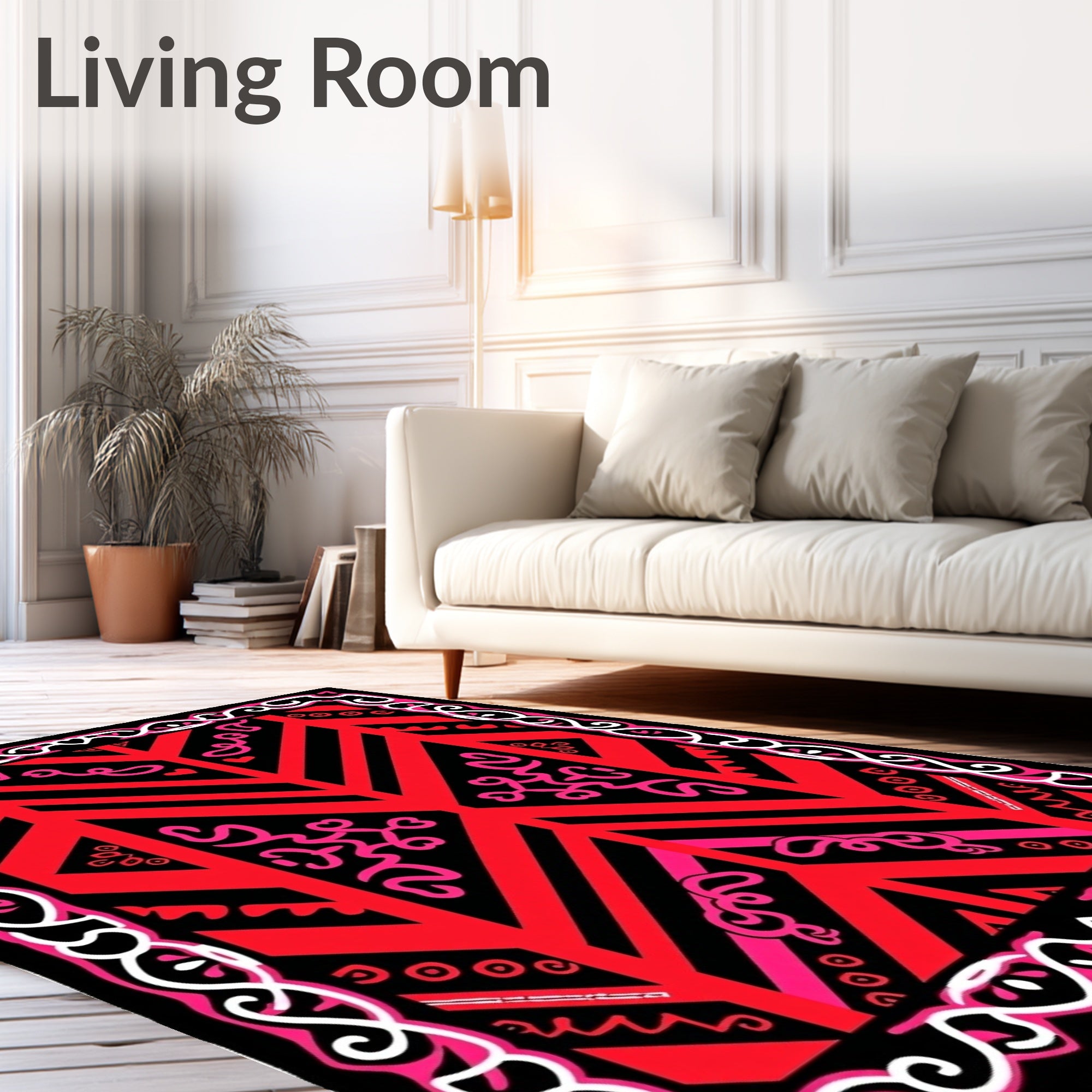 Vibrant Red Pink Geometric Border Rug
