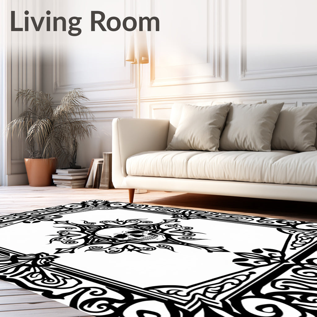 Gothic Black Skull Scrollwork Mandala Rug