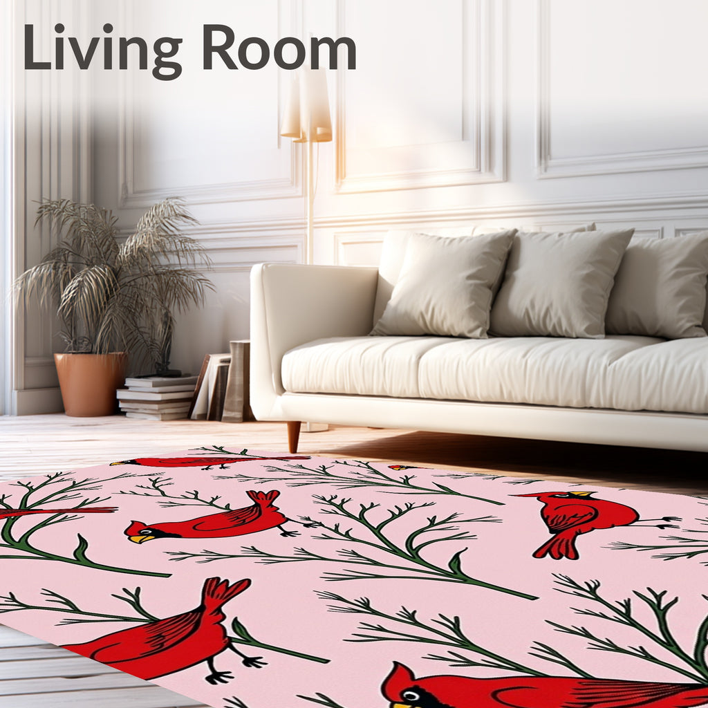Red Cardinal Birds on Pink Branches Rug