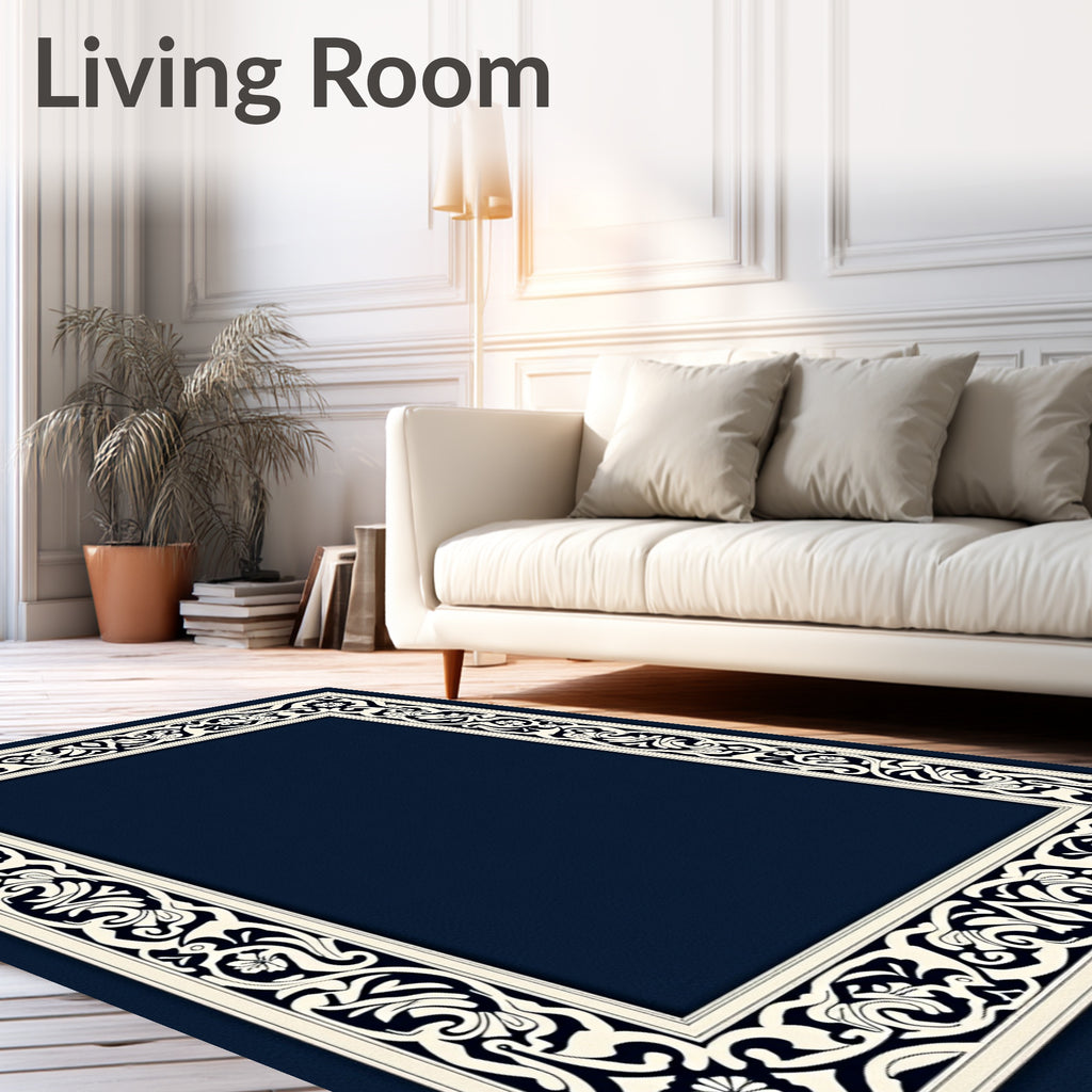 Deep Blue Ivory Floral Scroll Frame Rug