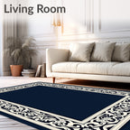 Deep Blue Ivory Floral Scroll Frame Rug