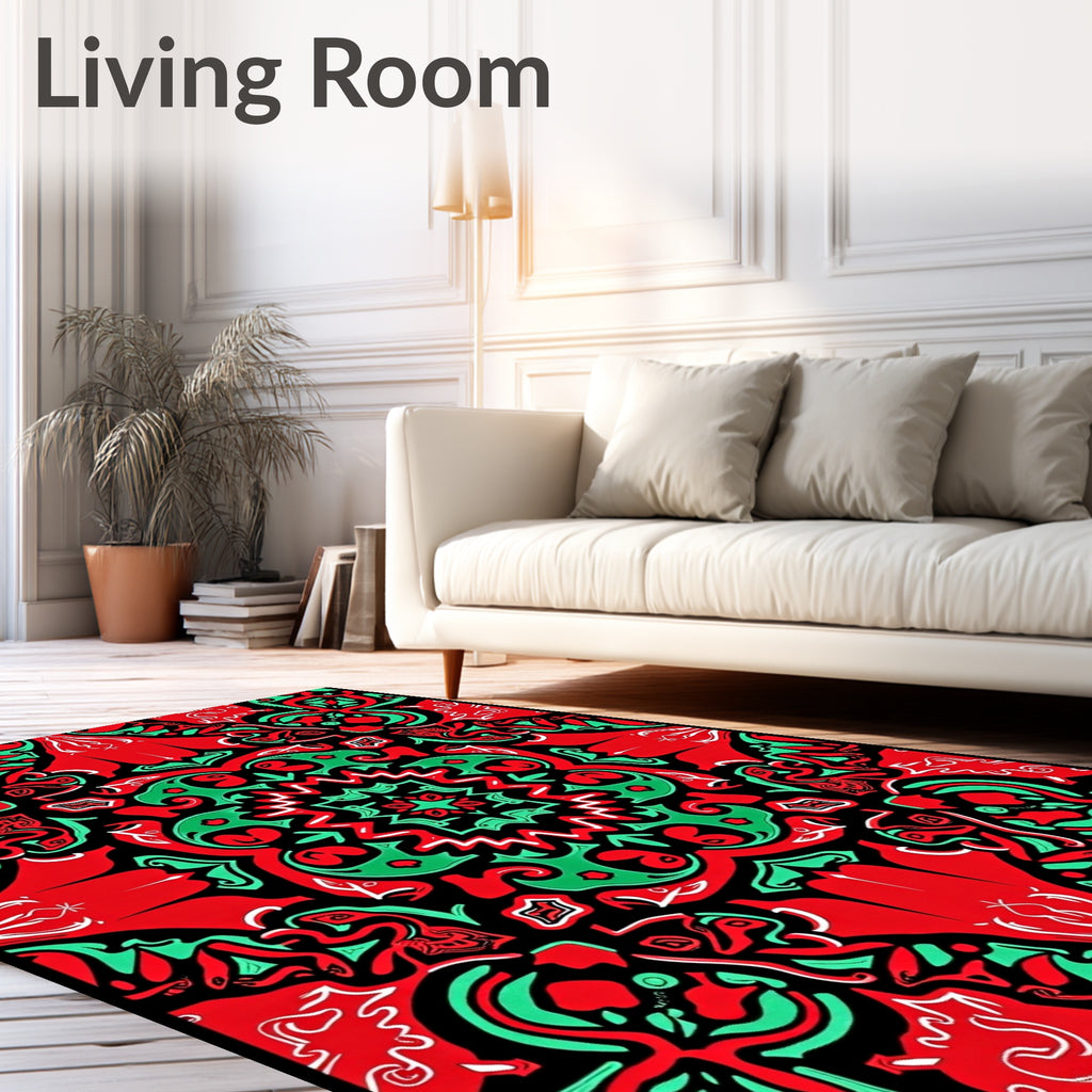 Vibrant Red Green Abstract Symmetry Rug