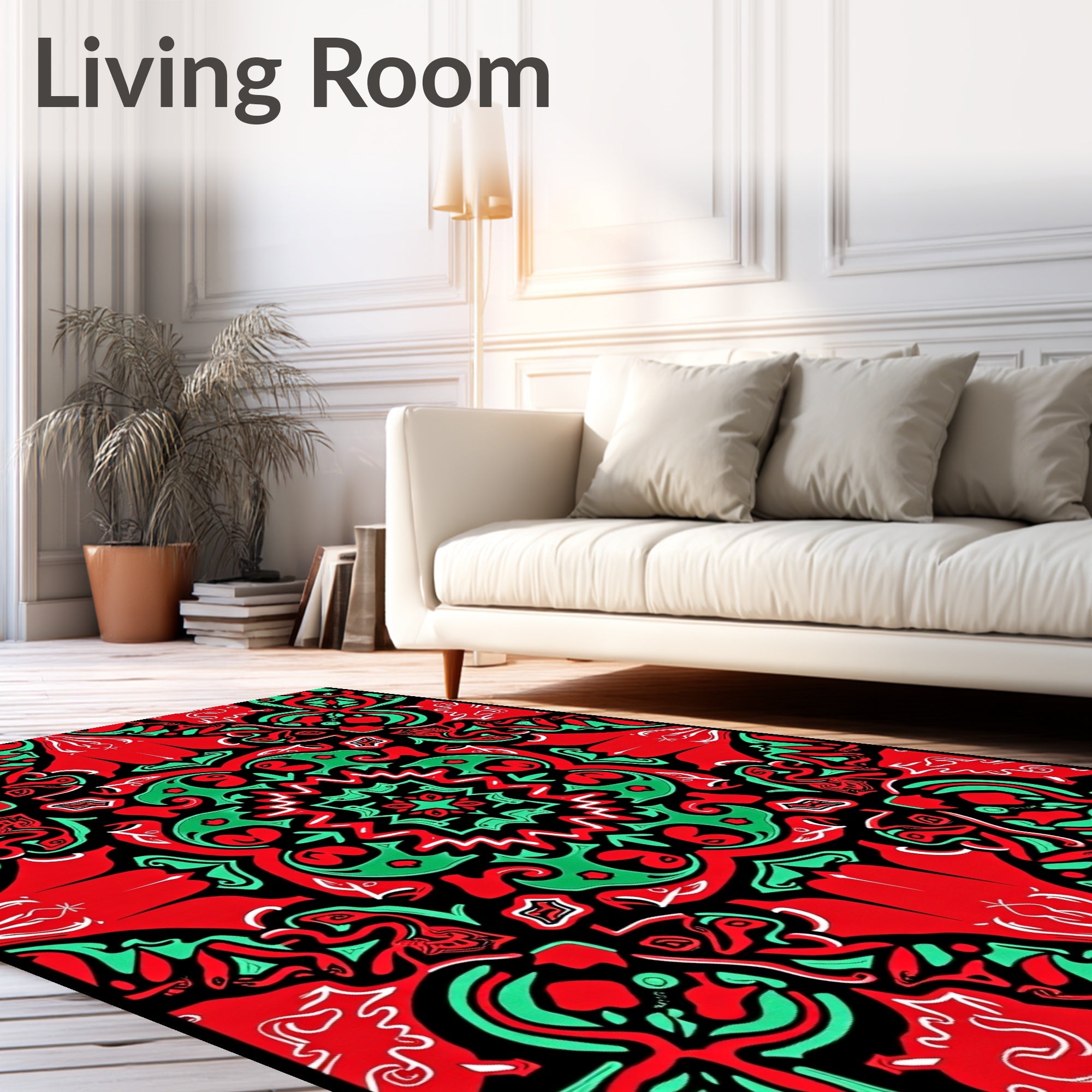 Vibrant Red Green Abstract Symmetry Rug