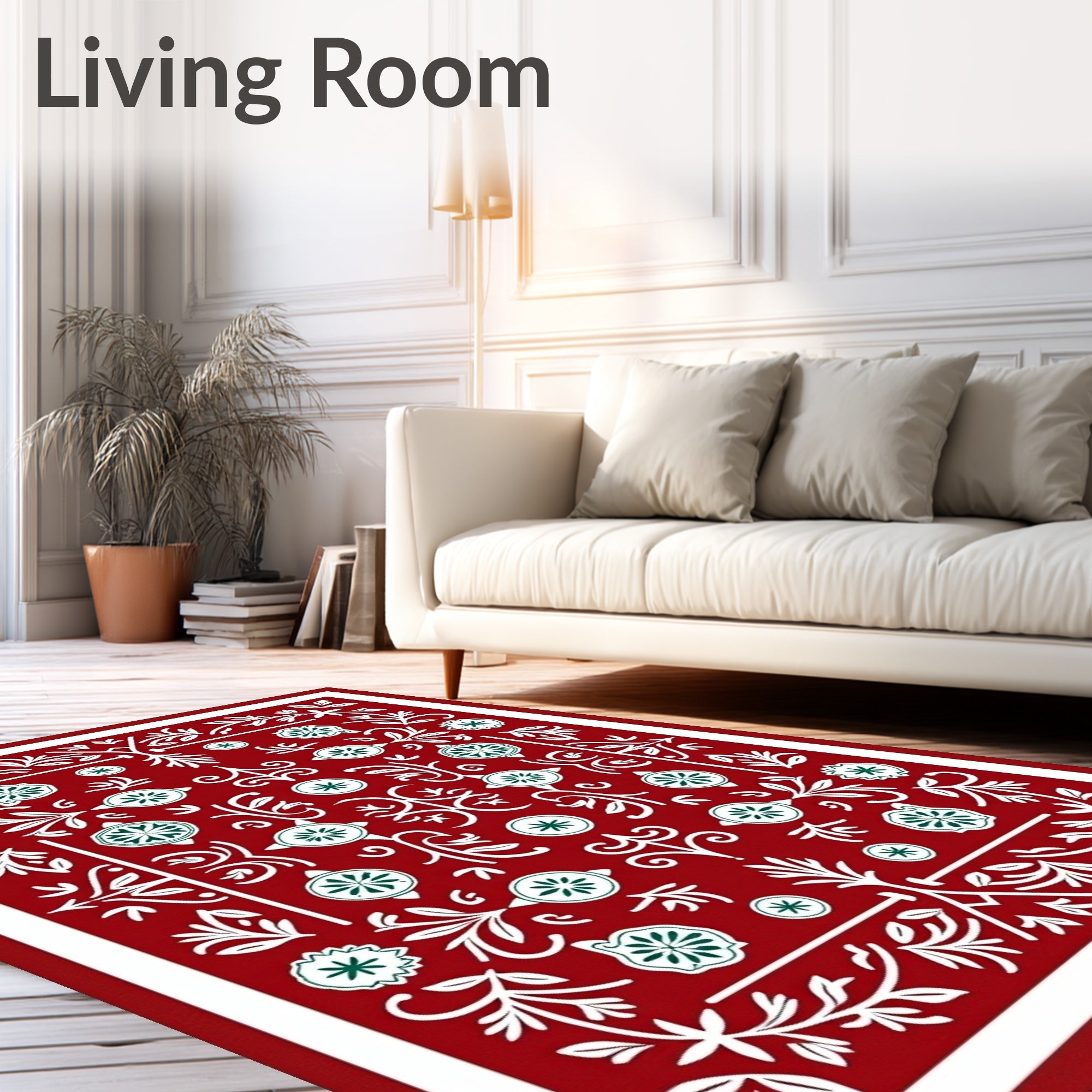 Red White Green Floral Medallion Rug