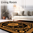 Ornate Orange Floral Medallion Black Rug