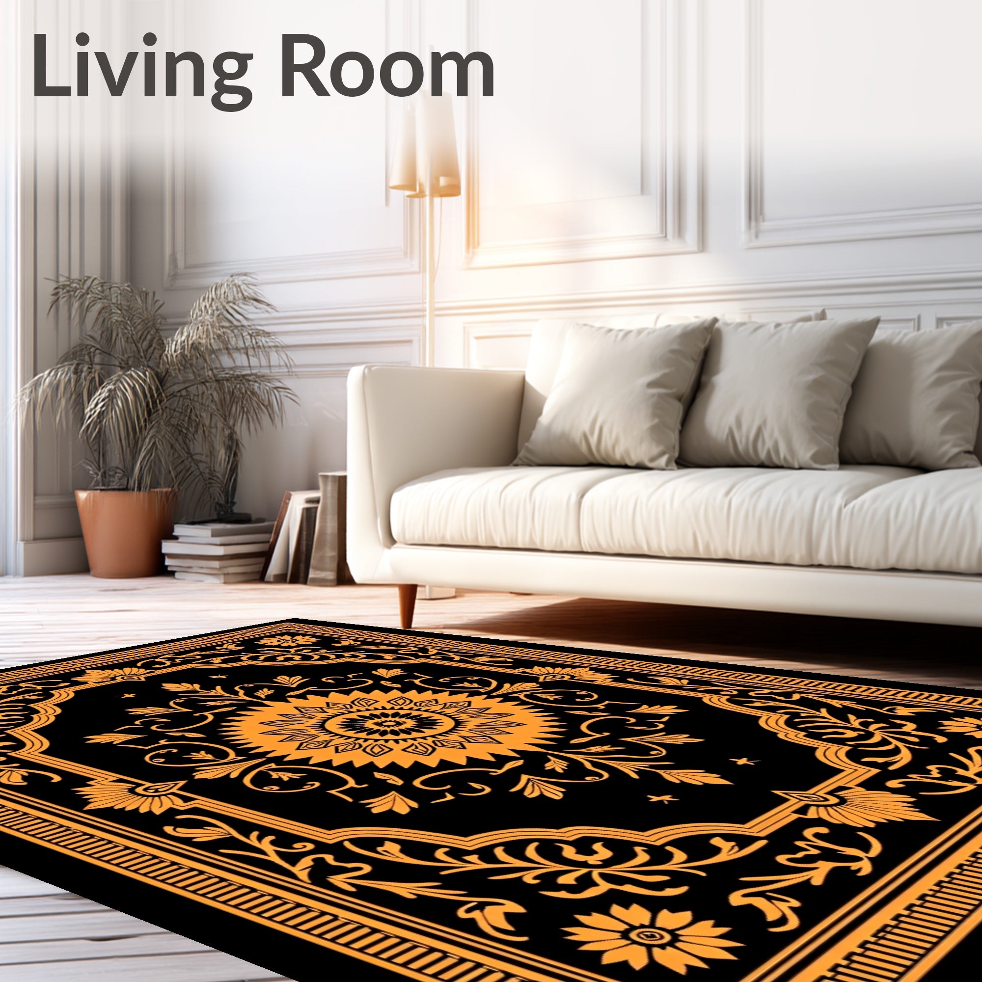 Ornate Orange Floral Medallion Black Rug