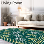Festive Snowflakes Trees Green Gold Border Rug