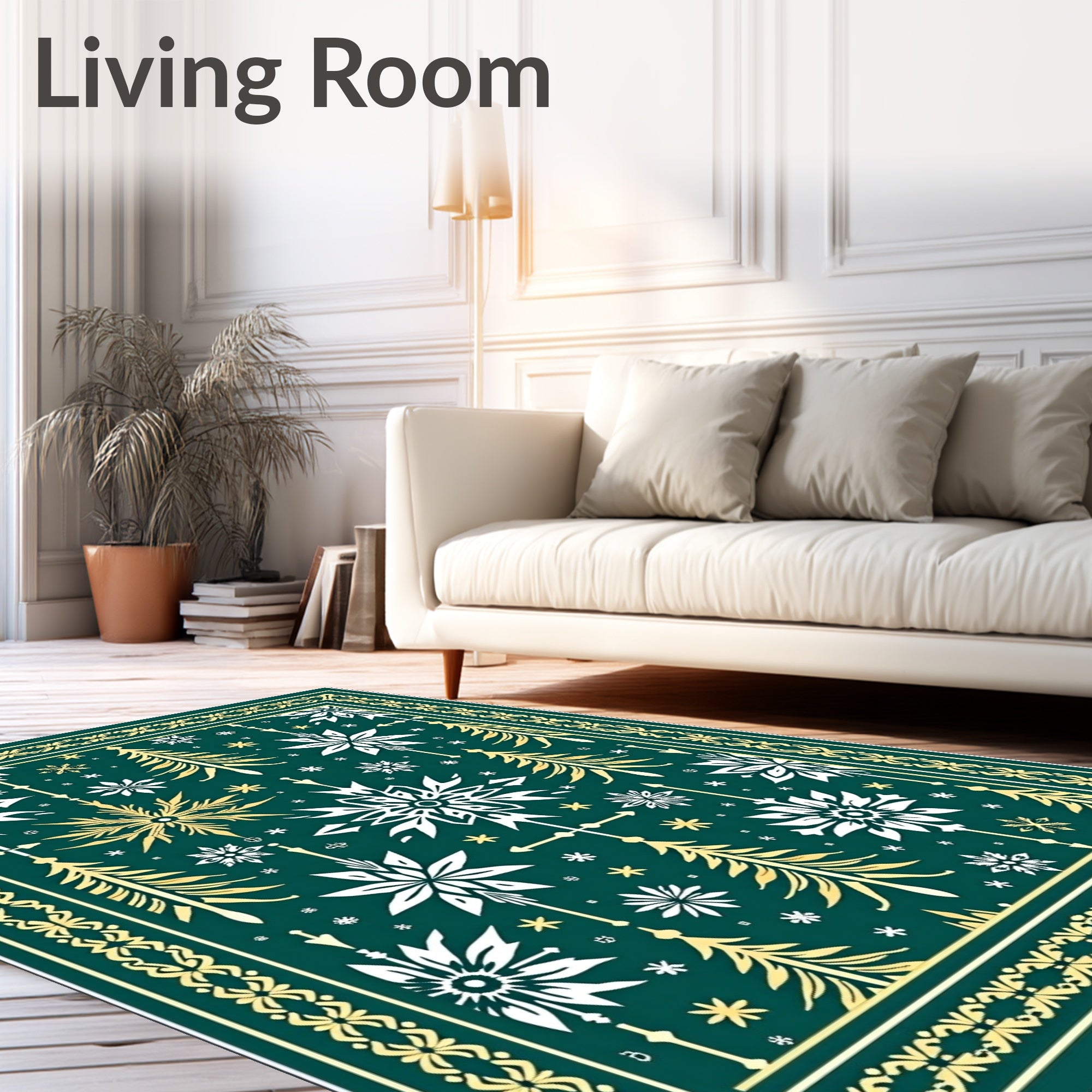 Festive Snowflakes Trees Green Gold Border Rug