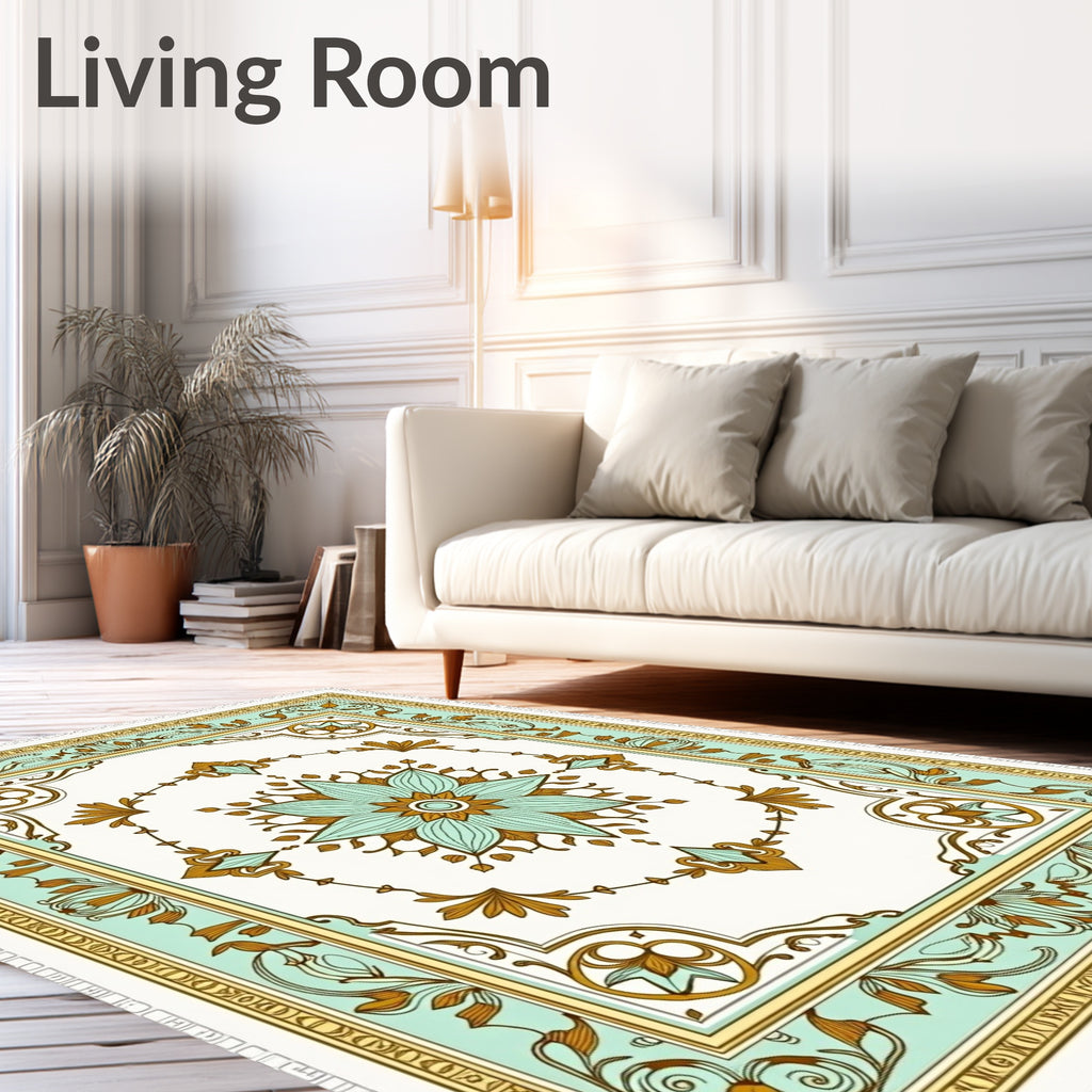 Mint Teal Floral Medallion Border Rug