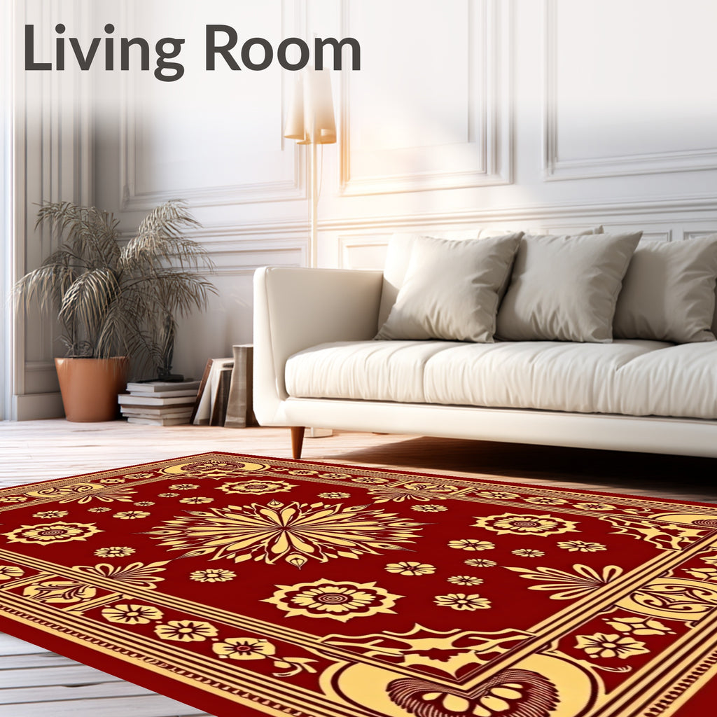Rich Crimson Golden Floral Medallion Rug