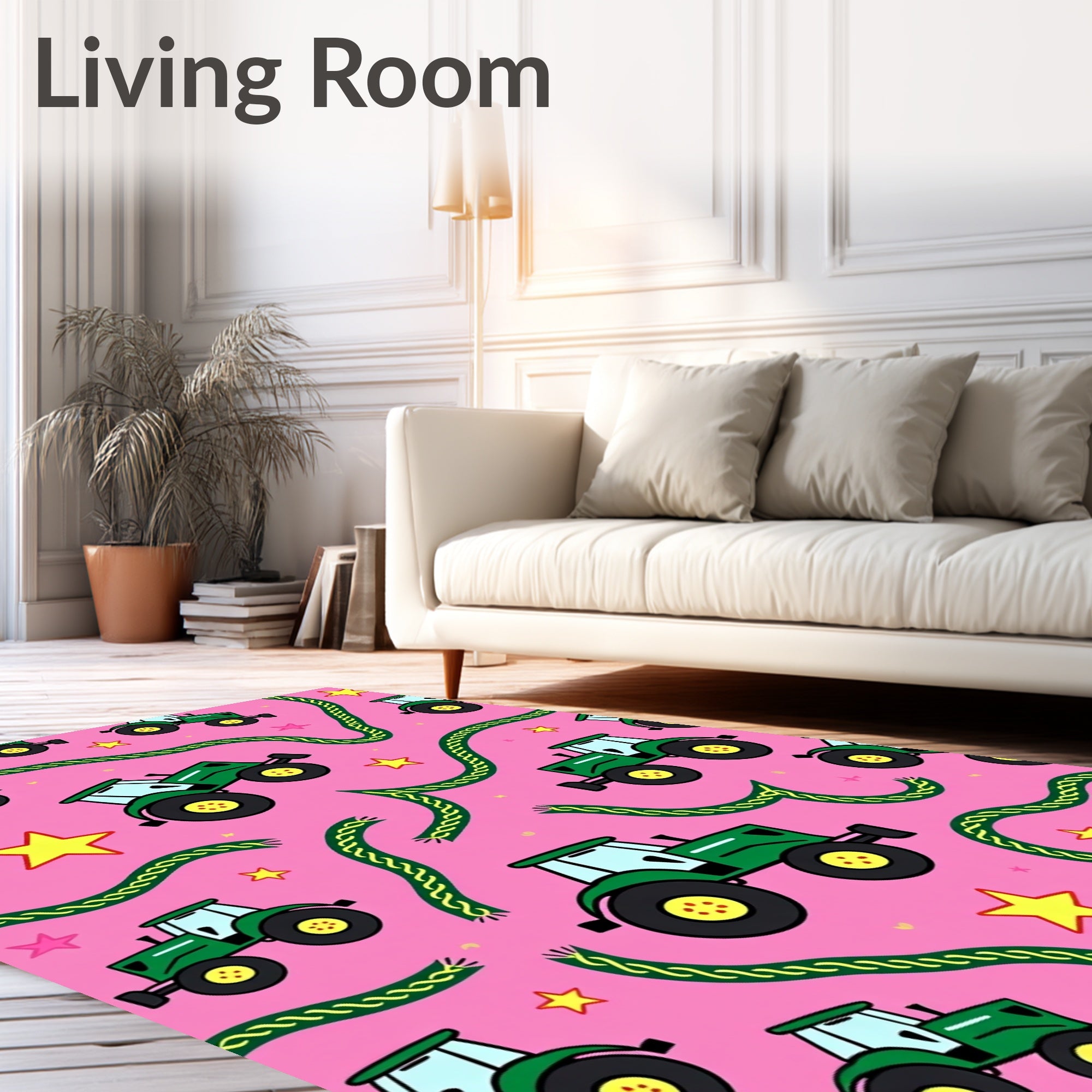 Green Tractors Pink Starry Field Rug