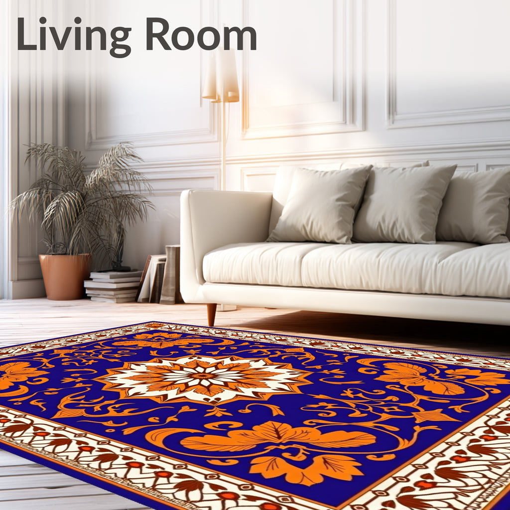 Vibrant Blue Orange Medallion Floral Rug