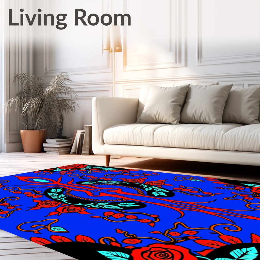 Vibrant Red Rose Black Swirl Rug