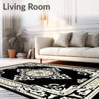 Ornate Black and Cream Medallion Frame Rug