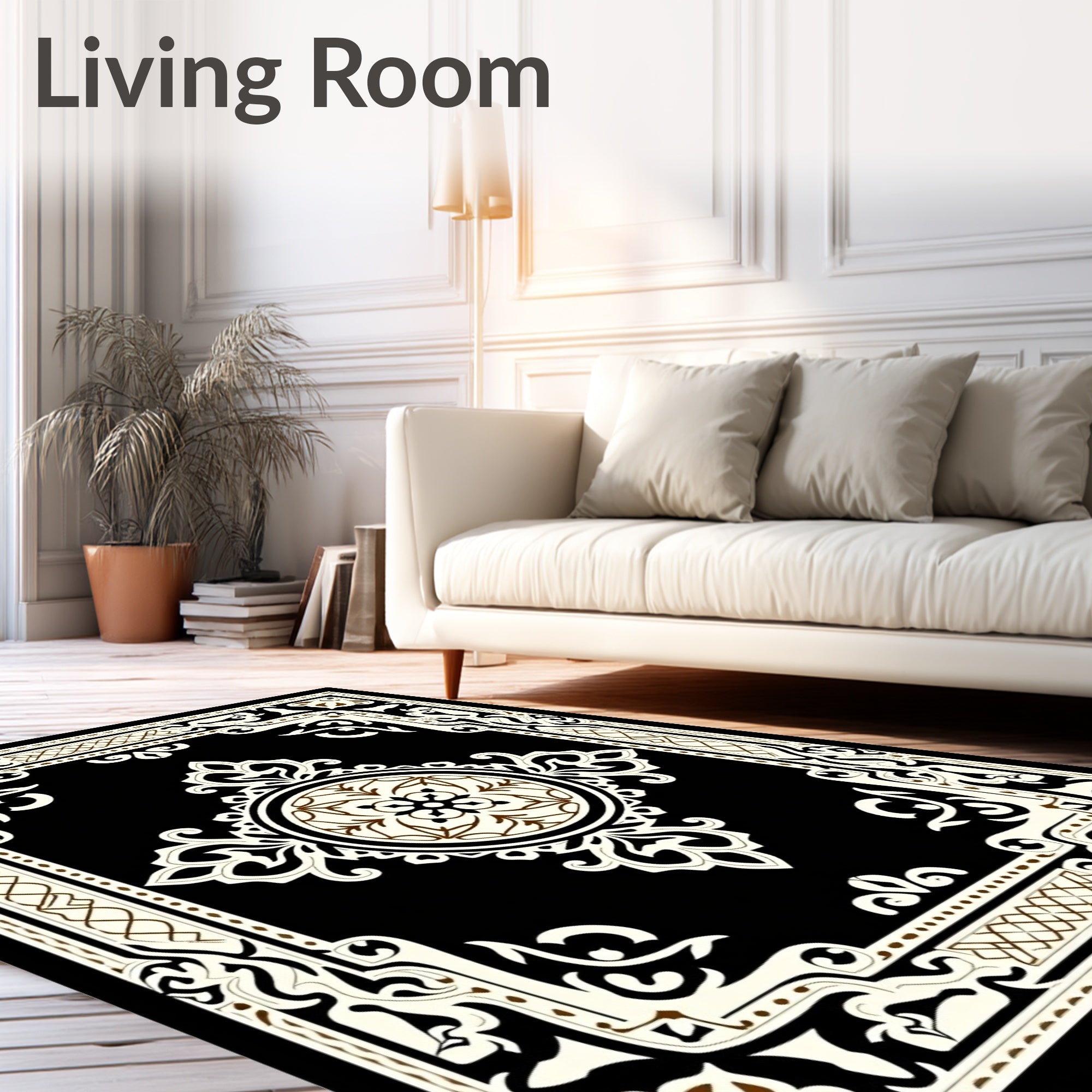 Ornate Black and Cream Medallion Frame Rug