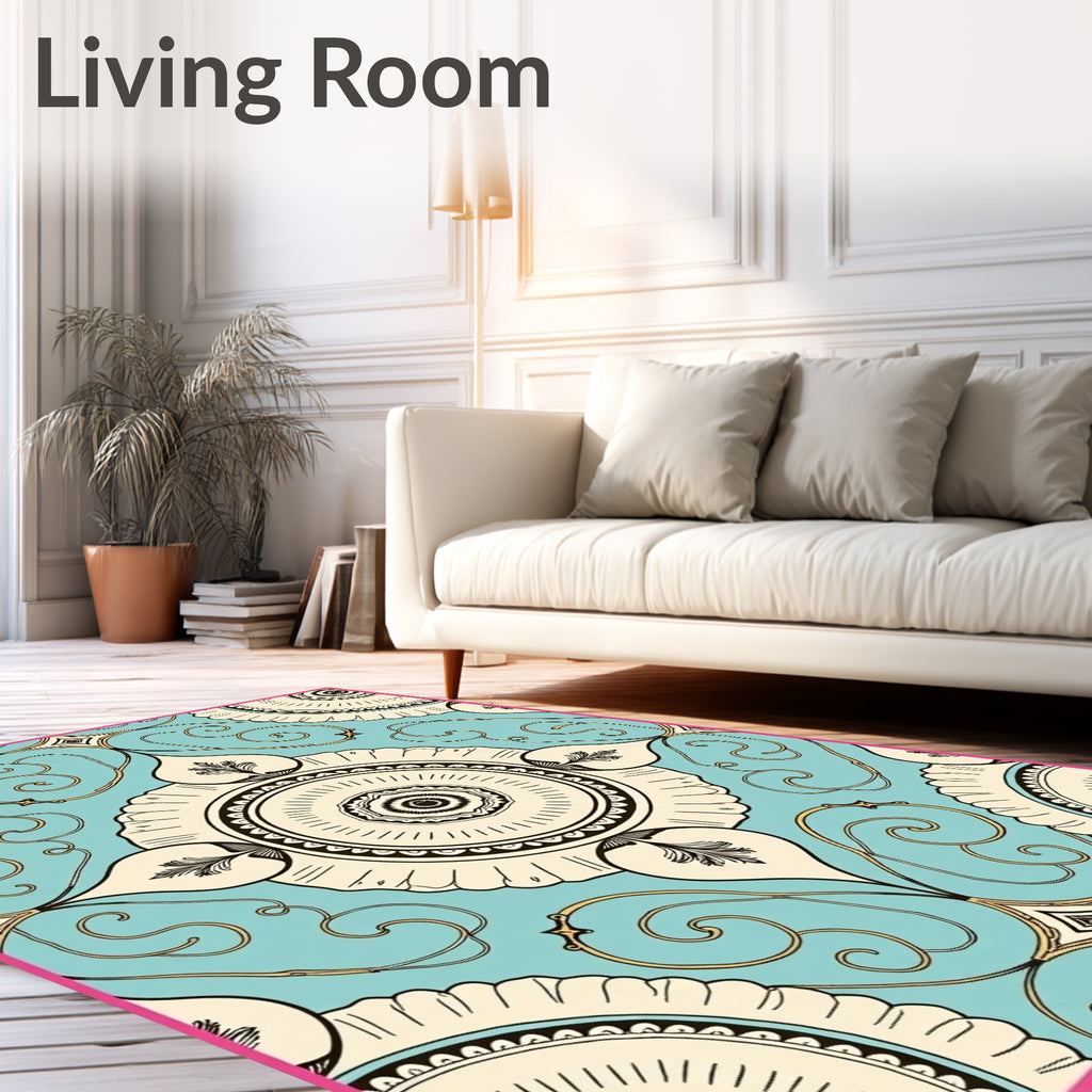 Aqua Cream Black Medallion Swirl Rug